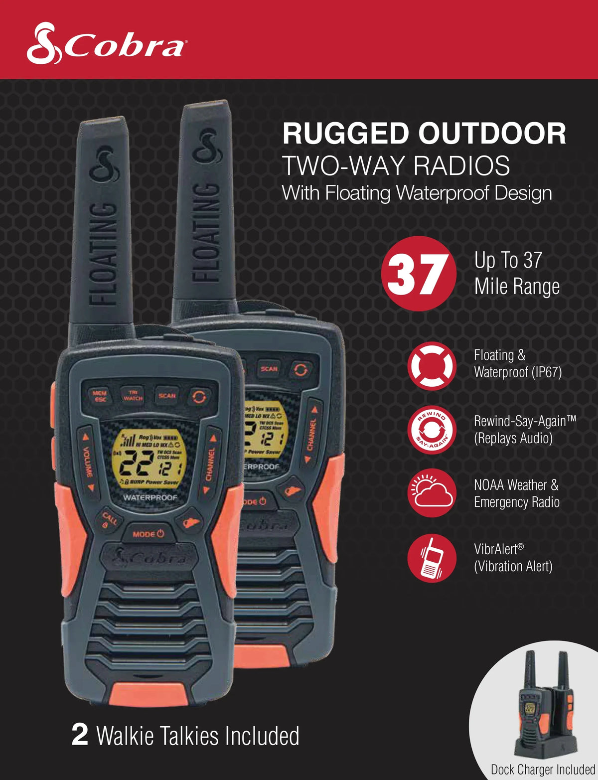 Cobra ACXT1037R-FLT Walkie Talkies - Floating, Rechargeable 37-mile Range Two-Way Radios (2-Pack)