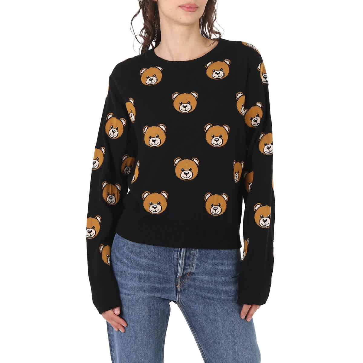 Moschino Ladies Fantasia Black Teddy Bear-Print Wool Jumper, Brand Size 38 (US Size 4)