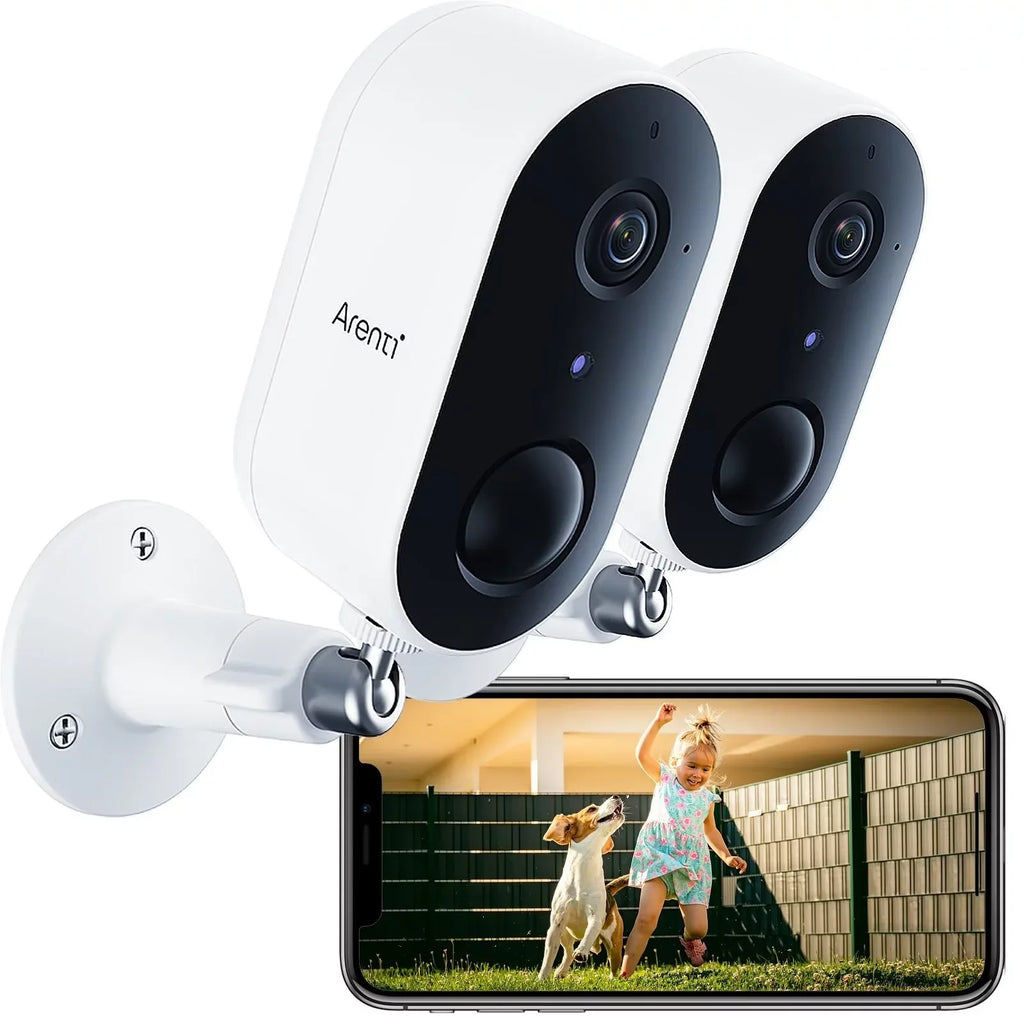 Arenti Wireless Outdoor Security Camera, (2Pack) GO1 Wifi Rechargeable Power Unit Powered Night Vision 2-Way Audio AI Motion Detection Surveillance Camera (Supports Only 2.4Ghz Wi-Fi)