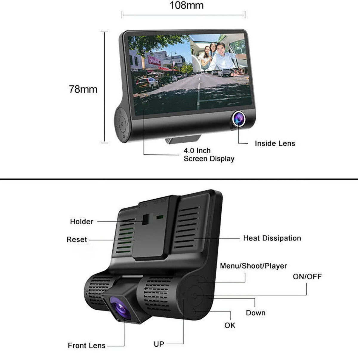 TASHHAR Car Lens Dash Cam 1080P 4" HD DVR Front/Rear/Built-In Video Camera Driving Recorder G-Sensor, Motion Detection and Parking Monitoring