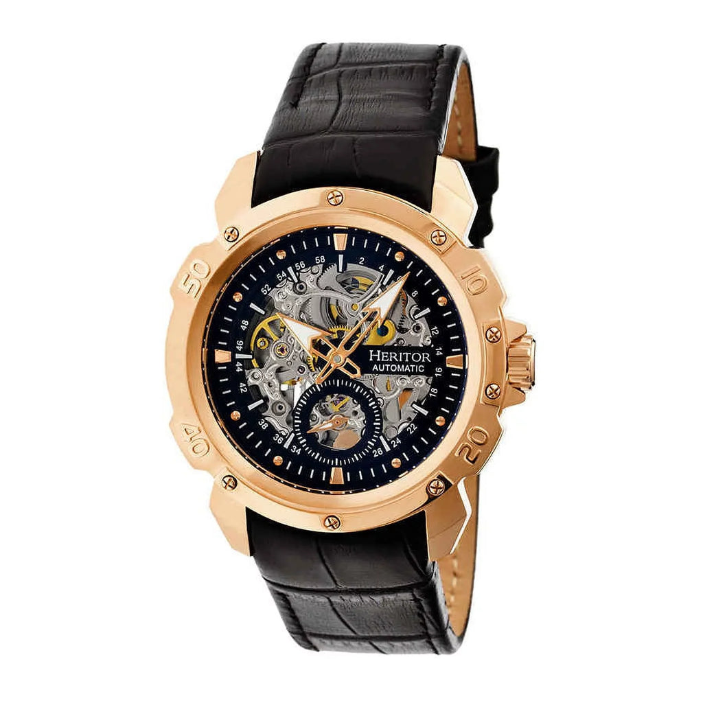 Heritor Carter Rose Gold-tone Stainless Steel Case Black Skeleton Dial Black Leather Men's Watch HR2506