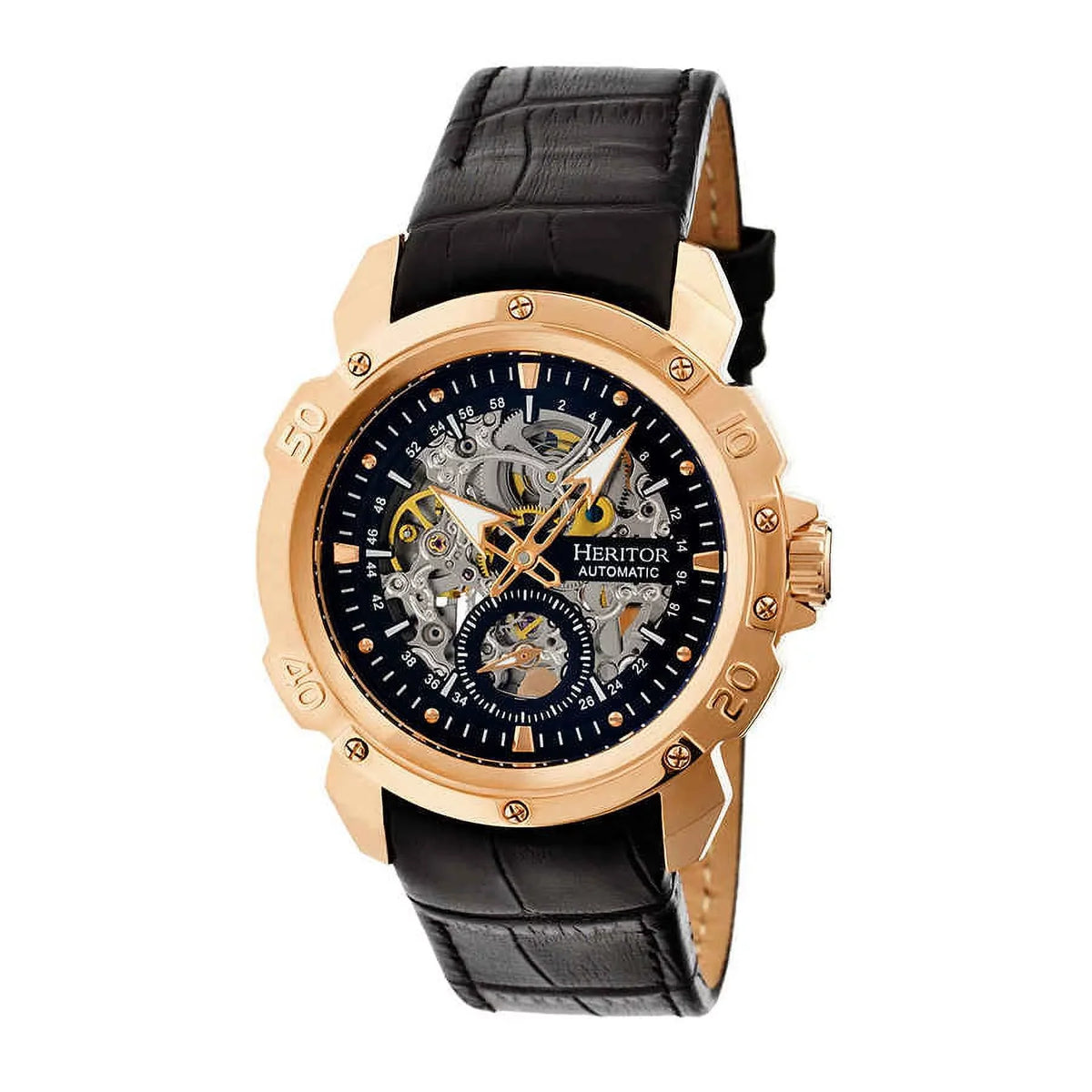 Heritor Carter Rose Gold-tone Stainless Steel Case Black Skeleton Dial Black Leather Men's Watch HR2506