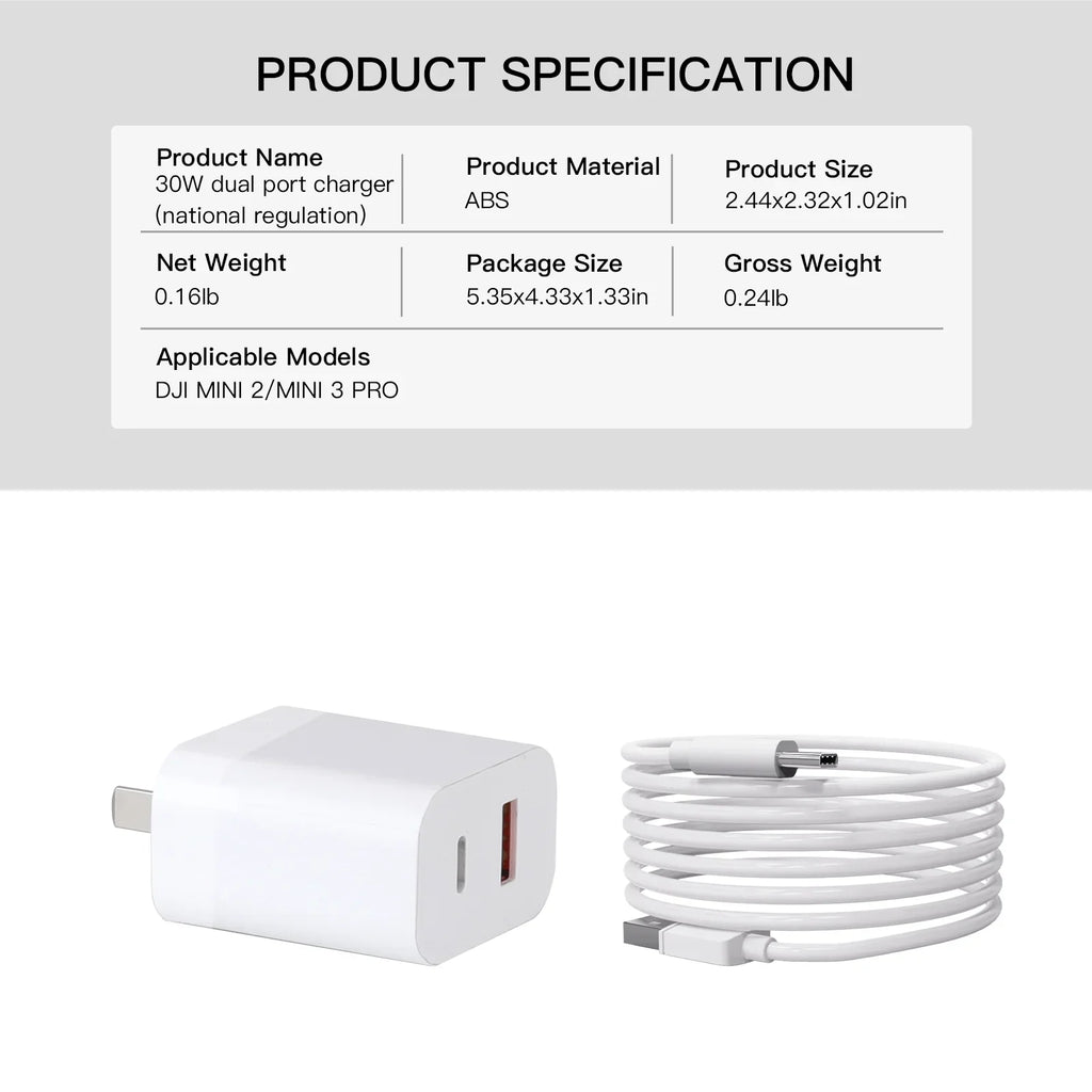 30W USB Charger with Type-C Cable -Port Charging for DJI Mini 2/Mini 3 Pro Charging Parts