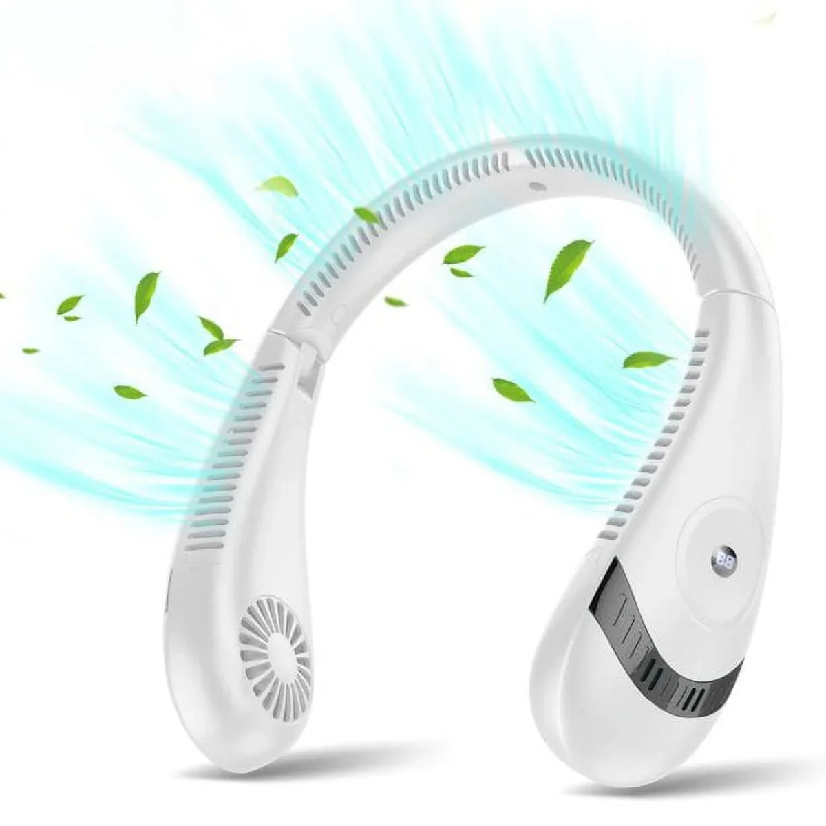 Folding Neck Fanwtith LCD Display, 360°Airflow 5000mAh USB Rechargeable Mini Neck Fan Bladeless 3 Speeds Portable Summer Cooling Fans, White