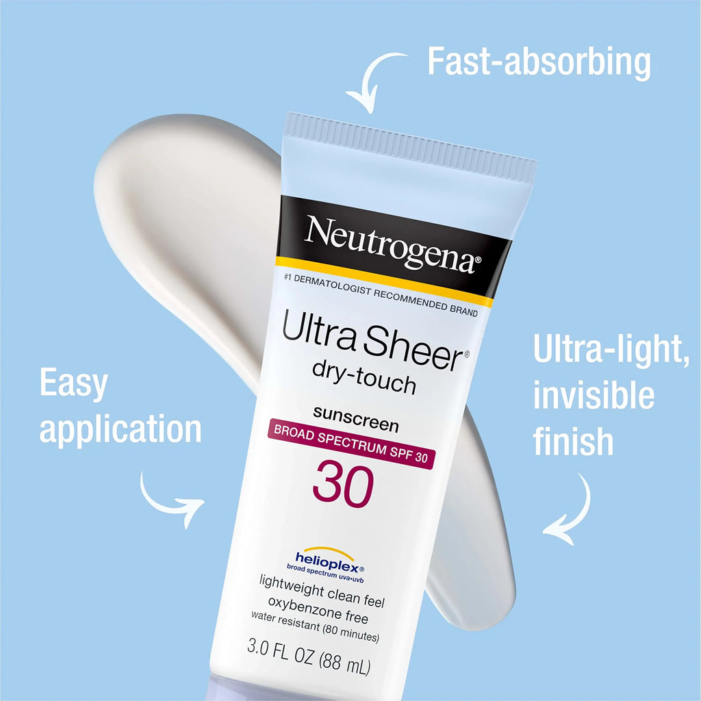 Neutrogena Ultra Sheer Dry-Touch Monitor Lotion, Broad Spectrum Spf 30 Uva/Uvb Protection, Oxybenzone-Free, Water Resistant, Non-Comedogenic, Non-Greasy, Travel Size, 3 Fl. Oz, Pack Of 3