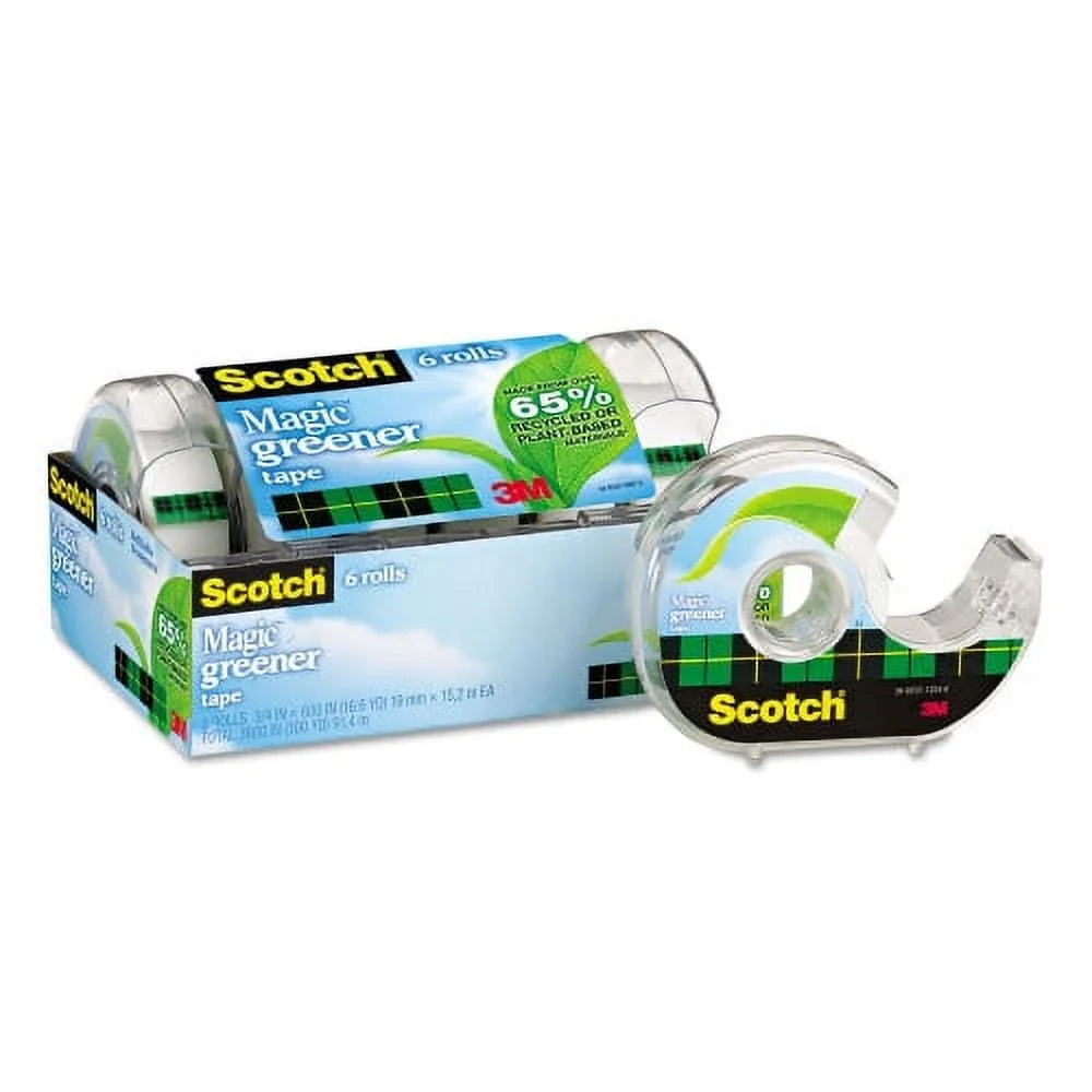 Scotch Magic Greener Tape with Dispenser, 1" Central Unit 0.75" x 50 ft, Clear, 6/Pack (6123)