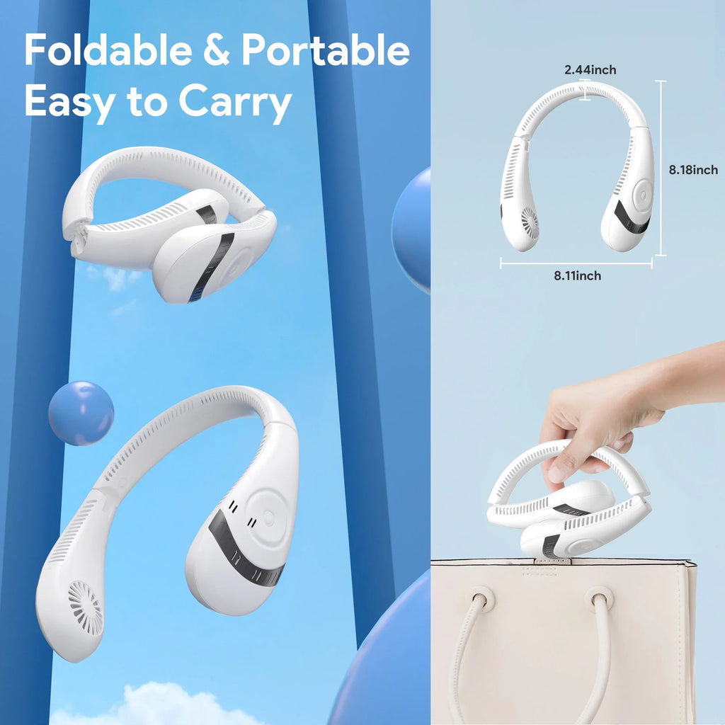 Folding Neck Fanwtith LCD Display, 360°Airflow 5000mAh USB Rechargeable Mini Neck Fan Bladeless 3 Speeds Portable Summer Cooling Fans, White