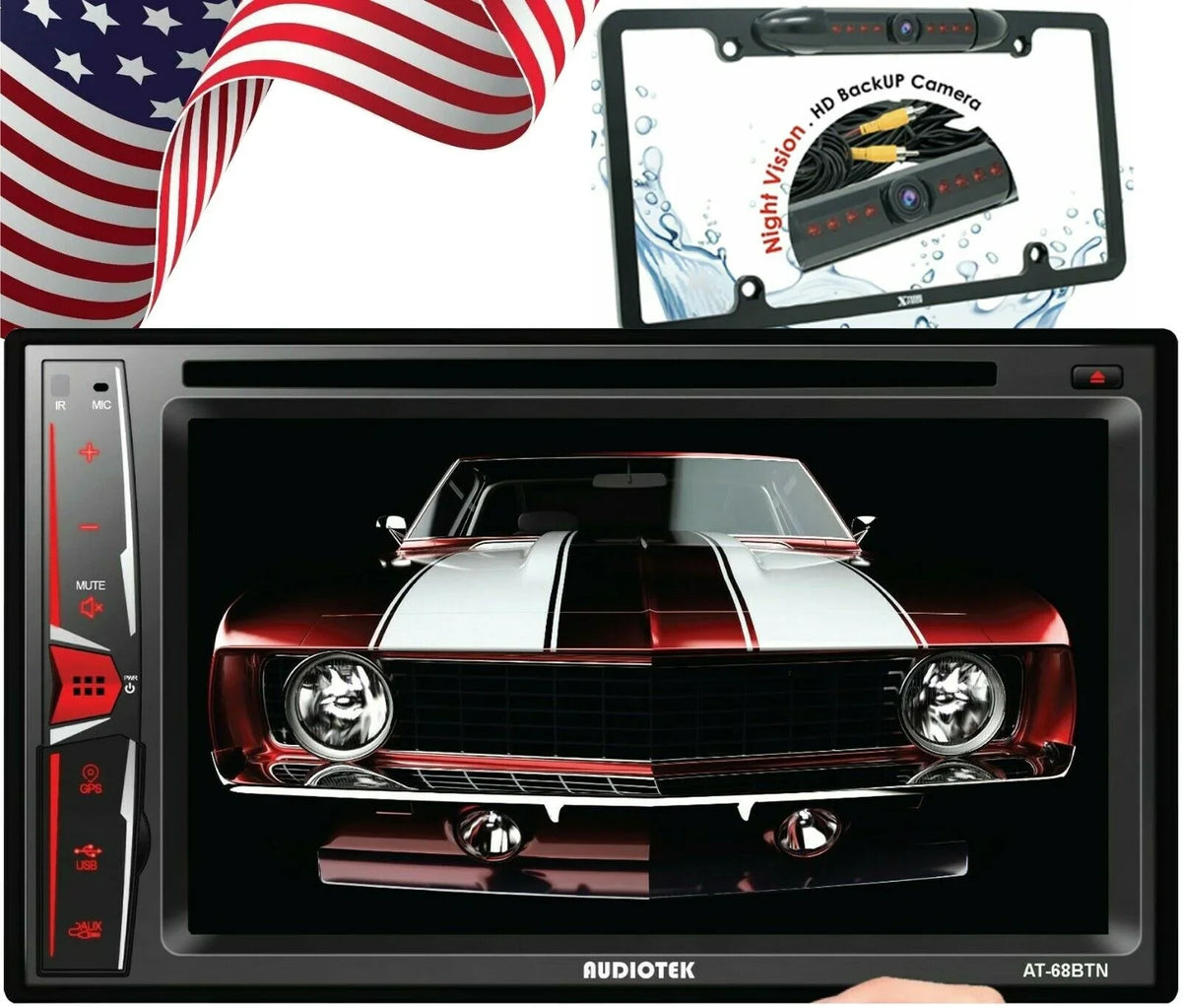 Audiotek AT-68BTN 6.2" Touch Display Radio Mirror Link+ License Plate Rear Camera Bundle