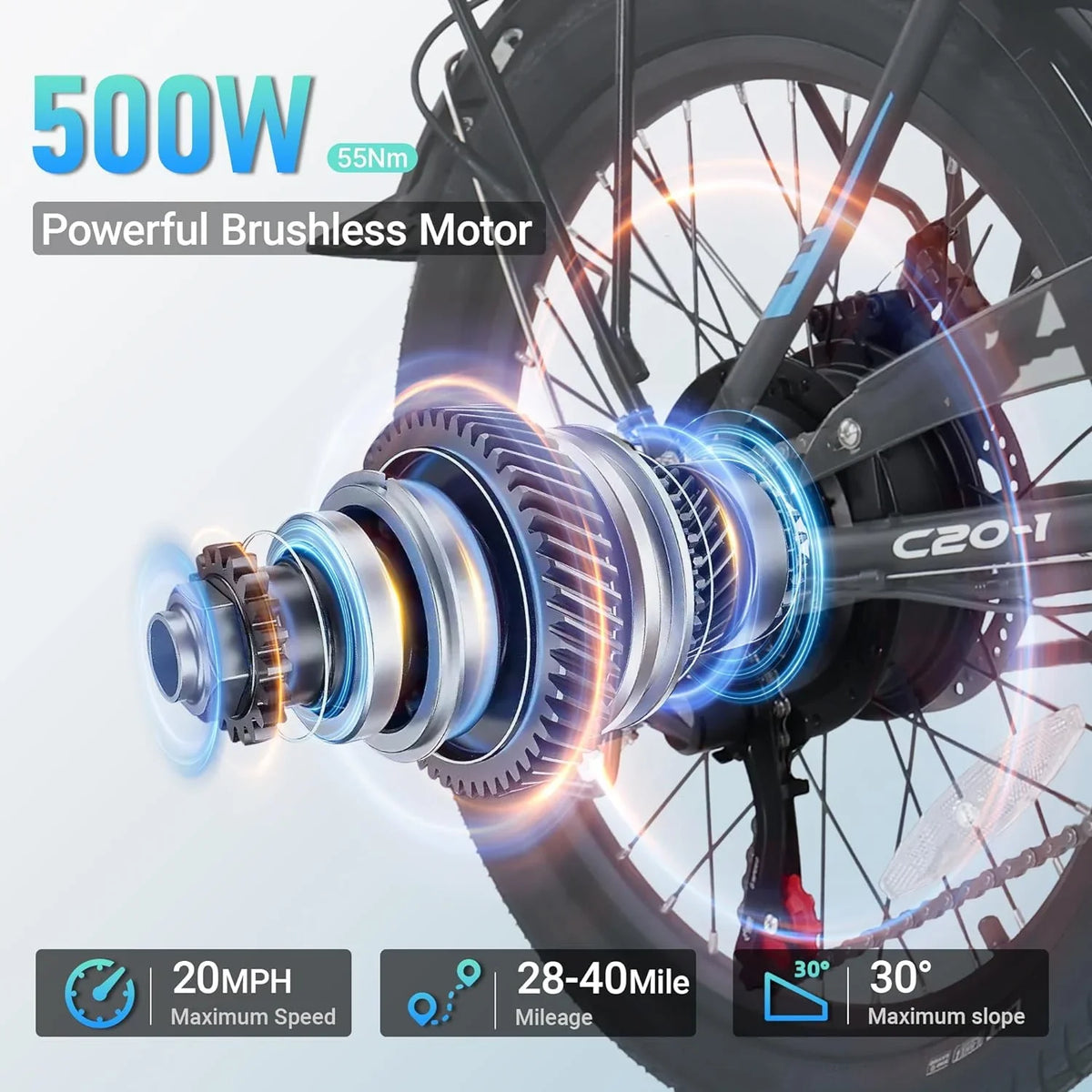 VARUN Electric Bike - 500W Folding Ebike with Stylish 20" Wheels, 48V Lithium Power Unit for 40 Miles Range and 20MPH Speed