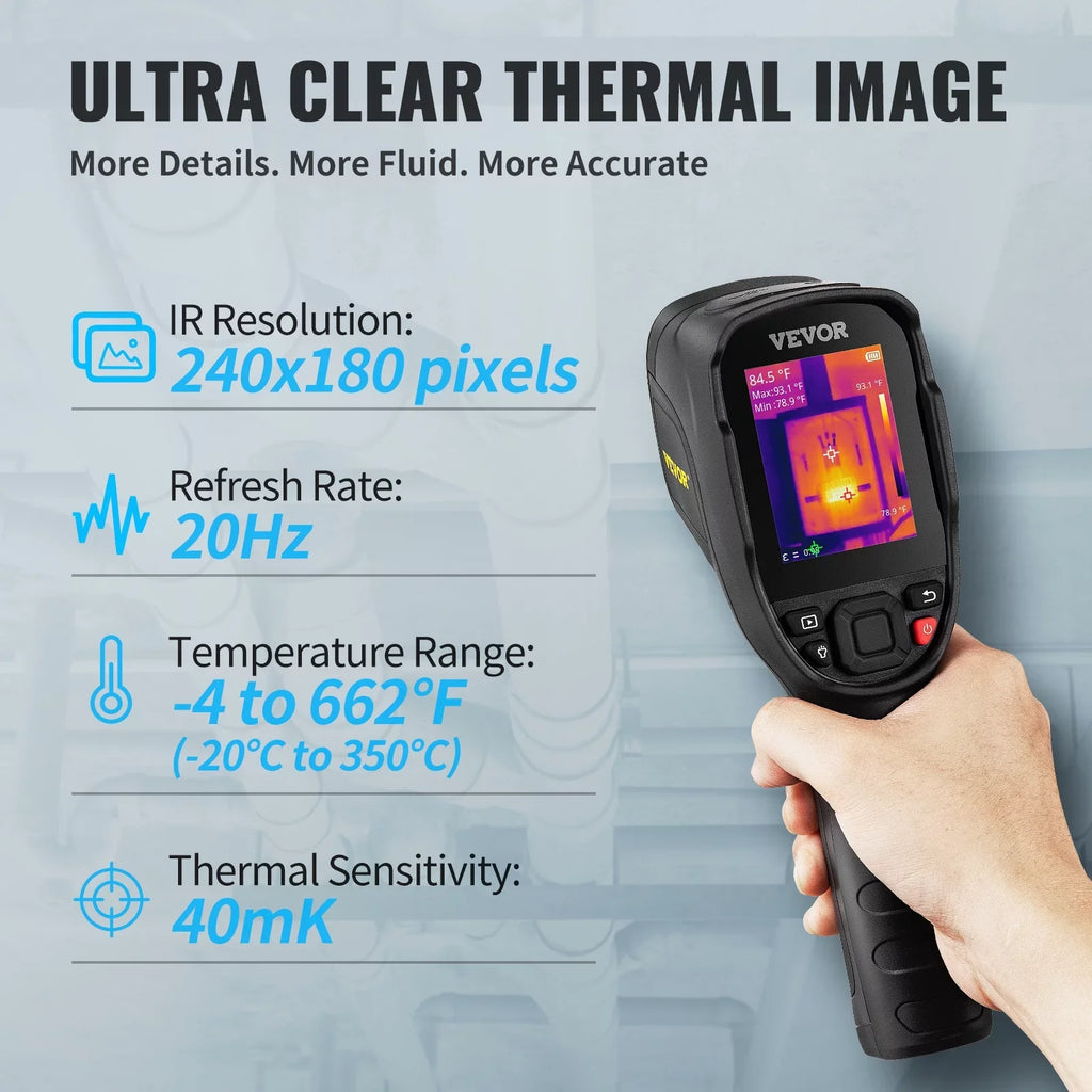 VEVOR Thermal Imaging Camera, 240x180 IR Resolution (43200 Pixels), 20Hz Refresh Rate Infrared Camera with -4℉~662℉ Temperature Range, 16G Built-in SD Card, and Rechargeable Li-ion Energy Source