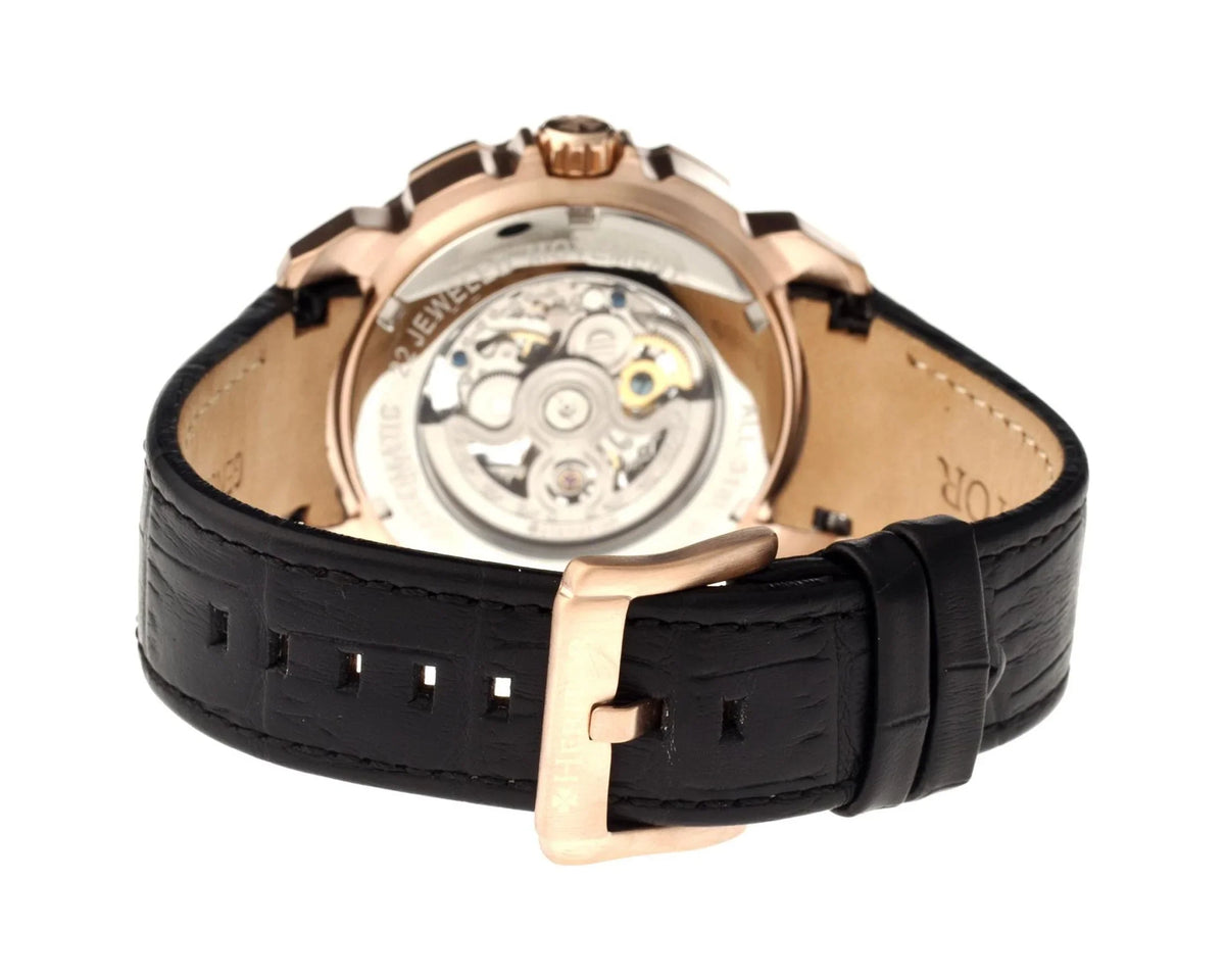 Heritor Carter Rose Gold-tone Stainless Steel Case Black Skeleton Dial Black Leather Men's Watch HR2506