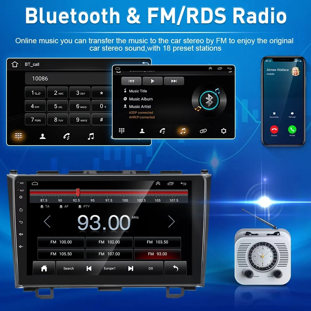 For Honda CRV 2007-2011 9'' Display Car Stereo Radio Player Wireless Carplay Android Auto Mirror Link HD 1080P Android 12 Bluetooth WIFI GPS FM USB Hifi, AHD Backup Camera