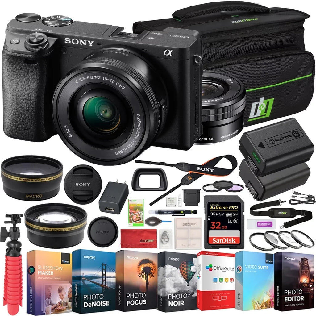 Sony a6400 4K Mirrorless Camera ILCE-6400L/B (Black) with 16-50mm f/3.5-5.6 OSS Lens Kit + 0.43x Wide Angle and 2.2X Telephoto Lens Deco Gear Case Filter Set & Extra Cell Power Editing Bundle