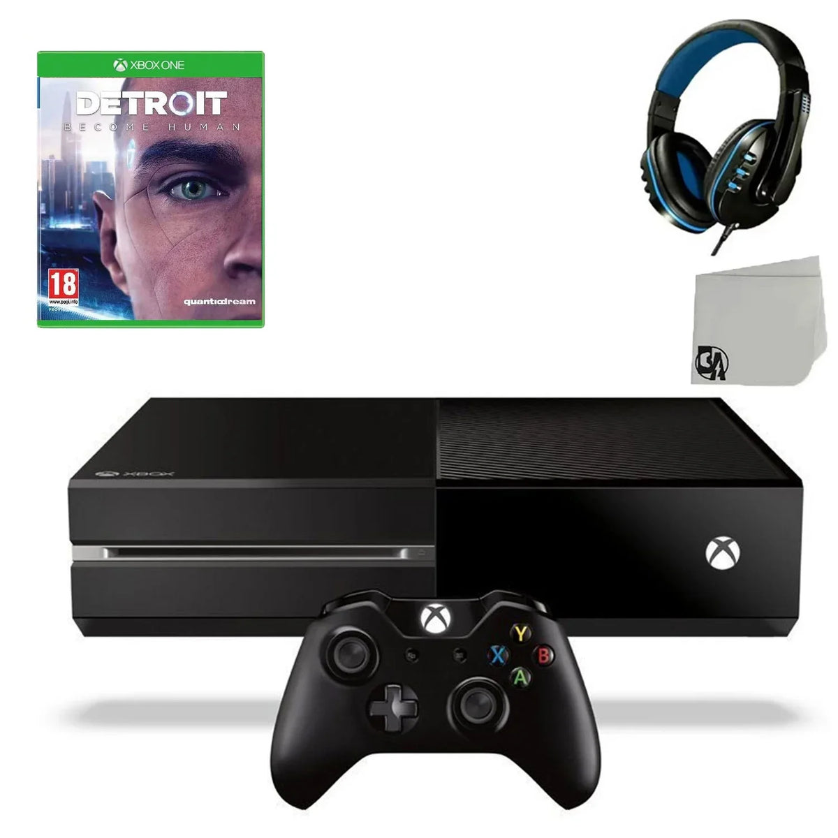 Pre-Owned Microsoft Xbox One Original 500GB Gaming Console Black Headset With Detroit Become Human Game BOLT AXTION Bundle