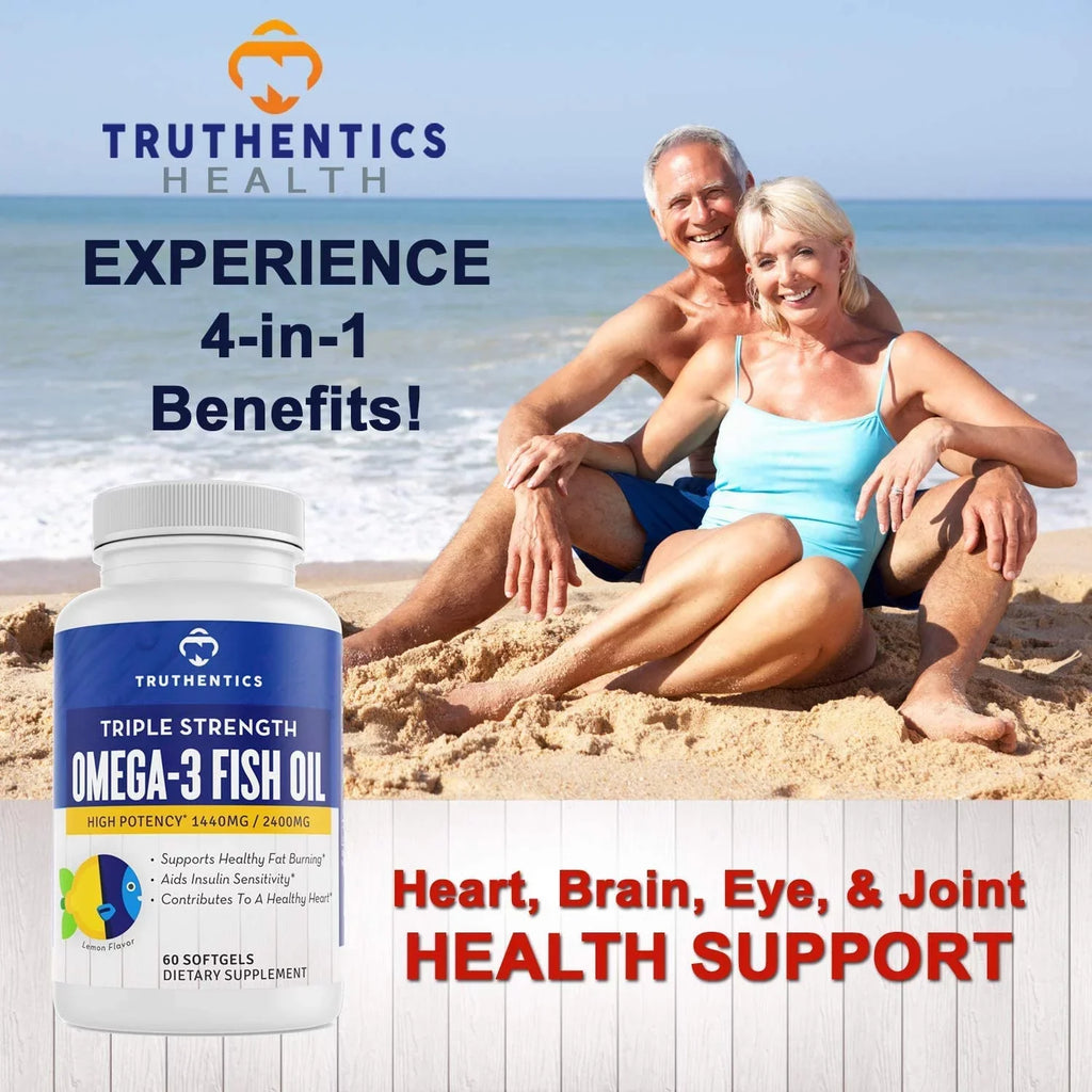 Truthentics Omega 3 Fish Oil 2400 mg (2 Pack) - 100% Pure Sea-Harvested Triple Strength Fish Oil - High EPA DHA Omega 3 Fatty Acids - Lemon Flavor - 120 Burpless Softgels