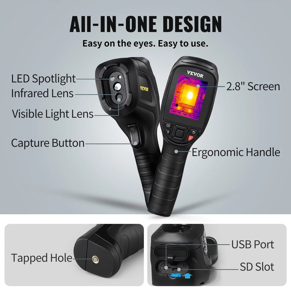 VEVOR Thermal Imaging Camera, 240x180 IR Resolution (43200 Pixels), 20Hz Refresh Rate Infrared Camera with -4℉~662℉ Temperature Range, 16G Built-in SD Card, and Rechargeable Li-ion Energy Source