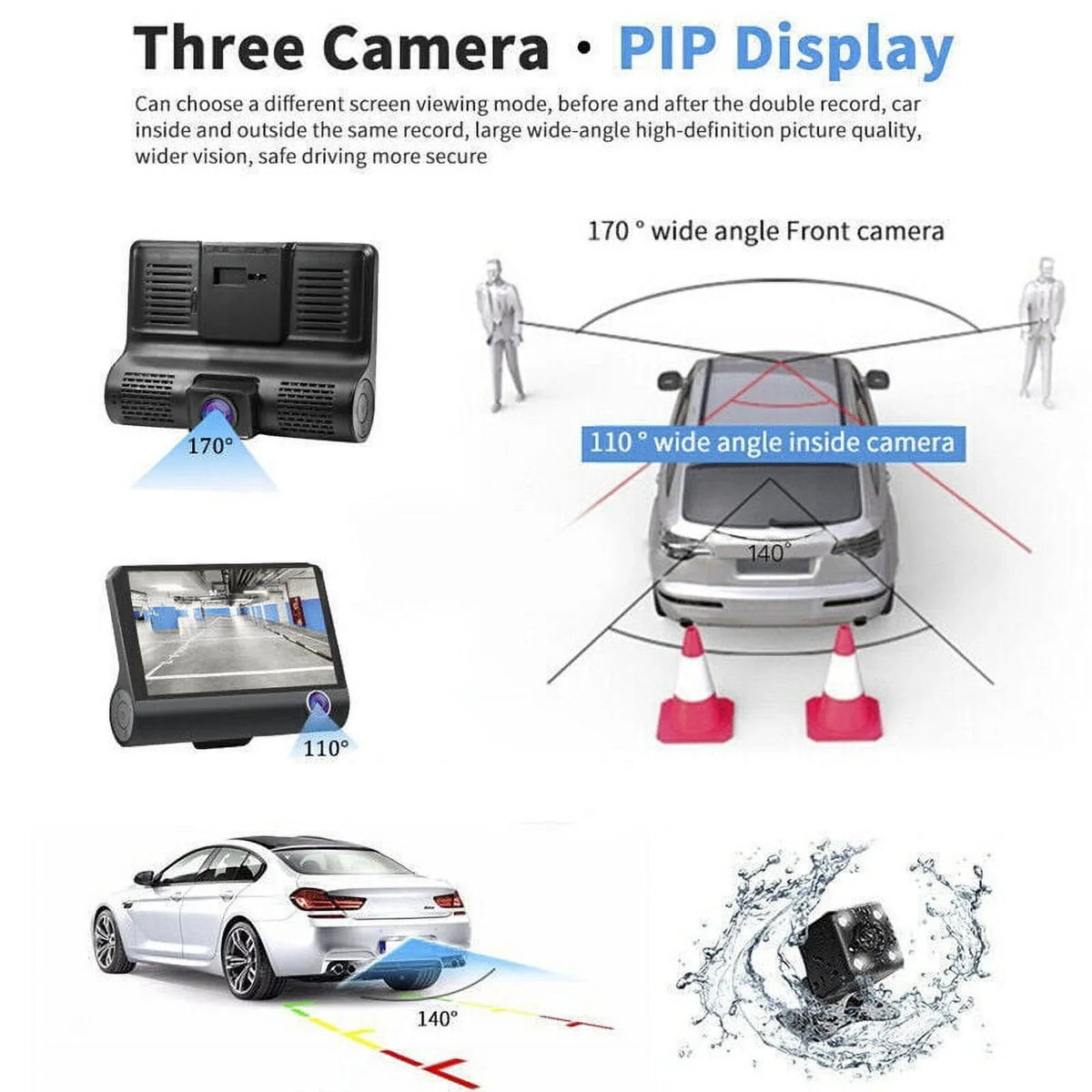 TASHHAR Car Lens Dash Cam 1080P 4" HD DVR Front/Rear/Built-In Video Camera Driving Recorder G-Sensor, Motion Detection and Parking Monitoring