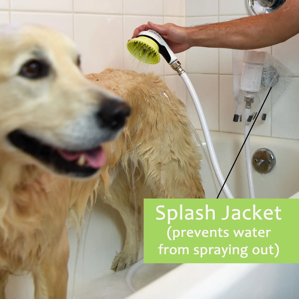 Wondurdog Bathtub Spout and Garden Hose Dog Wash Kit with Splash Shield and Rubber Scrubbing Teeth. For Bathtub Spouts with Front Pullup Lever Only.