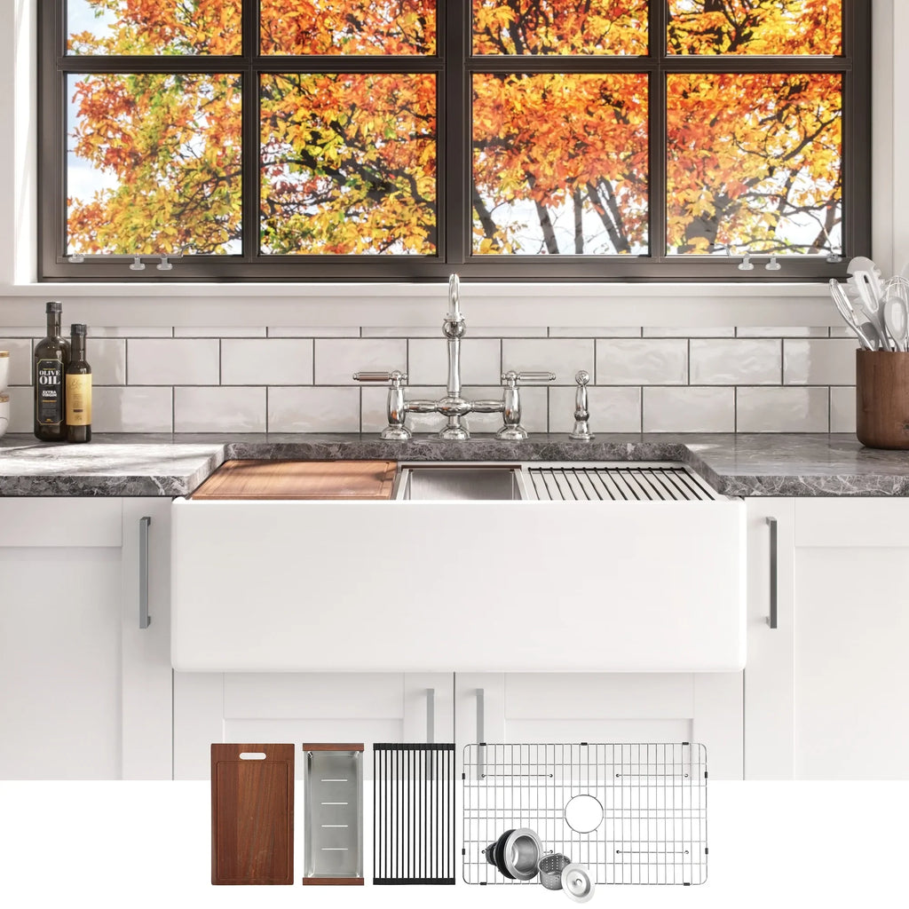 DUNMORE 33 Inch Farmhouse Sink Workstation, cUPC, 33x20 Single Bowl Clay, Apron Front White Kitchen Sink, Porcelain, Random Access Memory with Cutting Board & Accessories