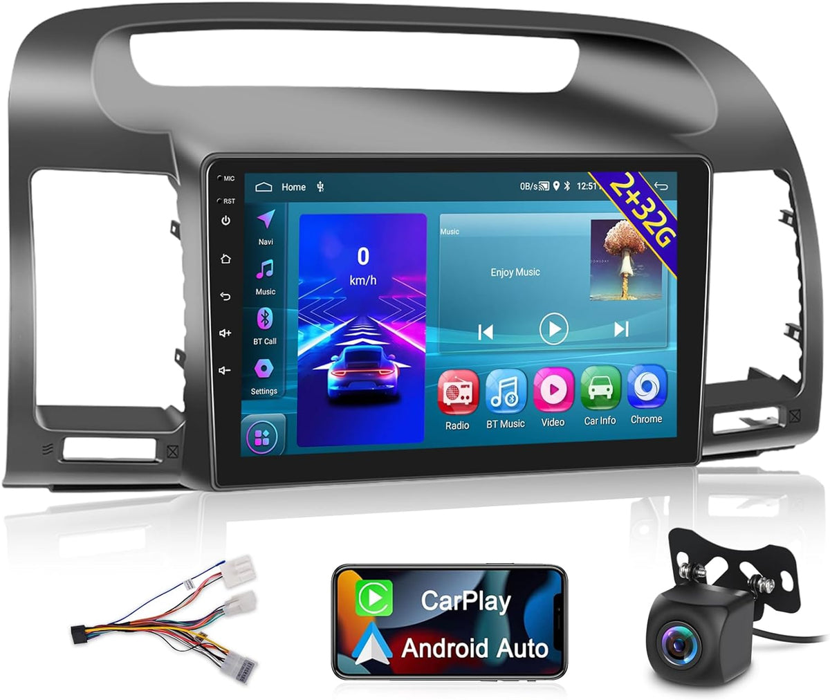 THONZER For Toyota Camry 2000-2006, 9 Inch Panel Radio Built in Wireless Carplay and Andriod Auto with Mirror Link, WiFi, GPS, USB + Rear View Camera 2+32G Android Car Stereo