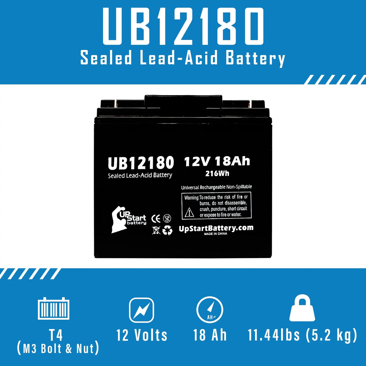5x Pack - Compatible General Power GPS2K12061 Cell - Replacement UB12180 Universal Sealed Lead Acid Cell (12V, 18Ah, 18000mAh, T4 Terminal, AGM, SLA)