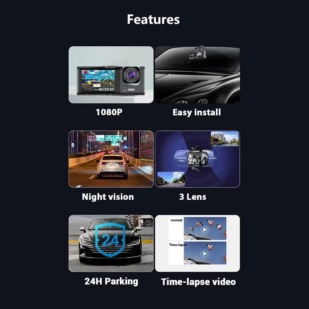 1080P DVR Dash Camera Front & Inside & Rear Camera Driving Recorder 2 Inch Display Dashcam Support Night-Vision Loop Recording One-Key Lock WiFi version
