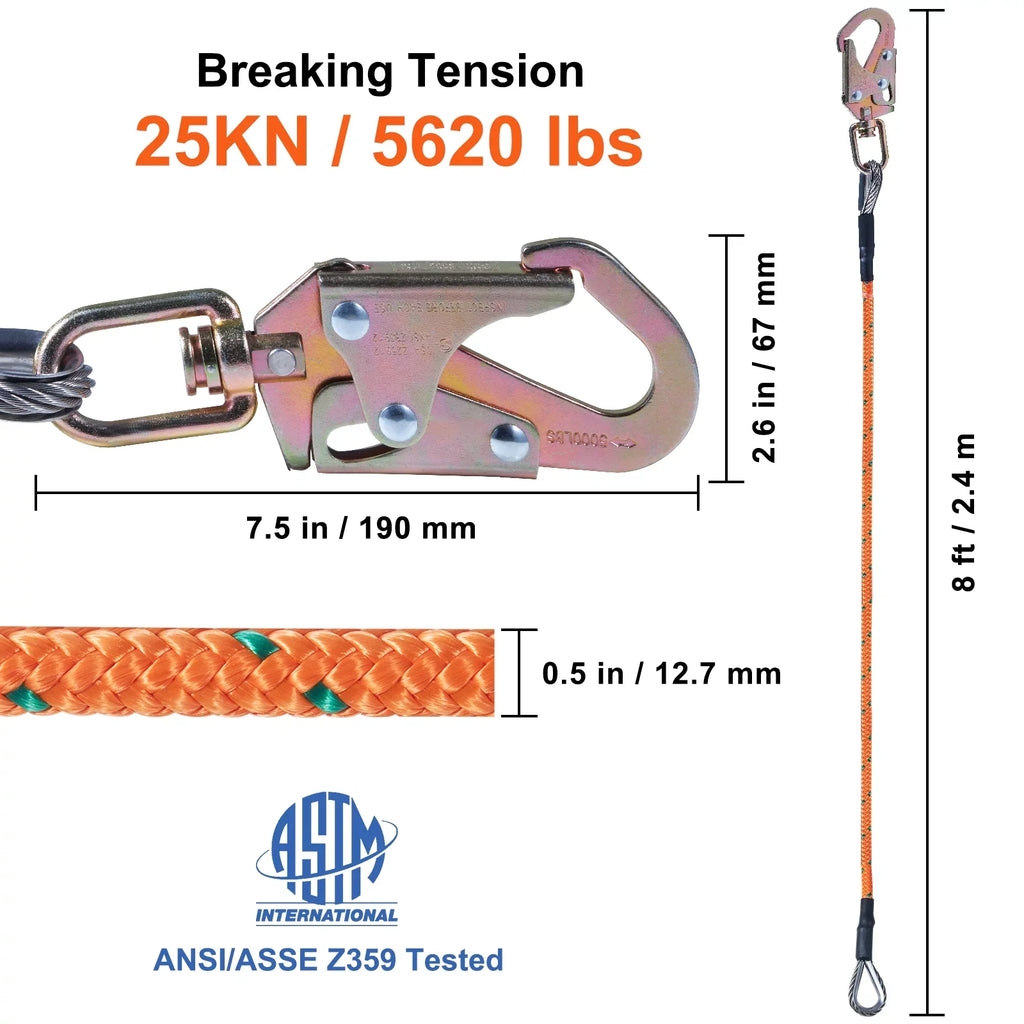 BENTISM Steel Processor flipline, 1/2" x 8' Arborist Flipline, Flip Line for Tree Climbing with Alloy Steel Snap Hook, Aluminum Alloy Carabiner and Extra Tool Lanyard, for Arborist, Tree Climbers