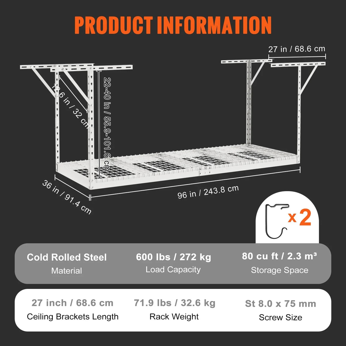 SKYSHALO Overhead Adjustable Garage Storage Rack 36x96" Ceiling Rack 600lb White