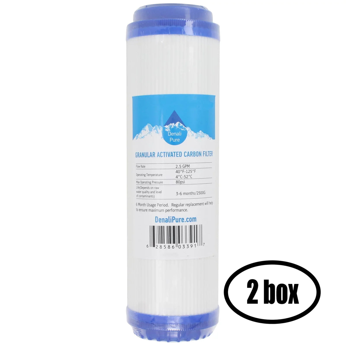 2 Boxes of Replacement for Aquasafe Aquarium II PRO Granular Activated Carbon Filter - Universal 10-inch Cartridge for Aquasafe 8 Stage Purpose RO/DI System - Denali Pure Brand