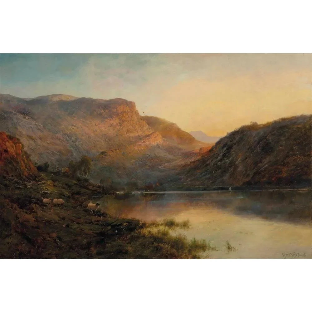 Alfred de Bréanski 18x13 Gold Ornate Wood Memory and Double Matted Museum Art Print Titled - The Evening Glow, Vale of Eagle, Loch Lomond