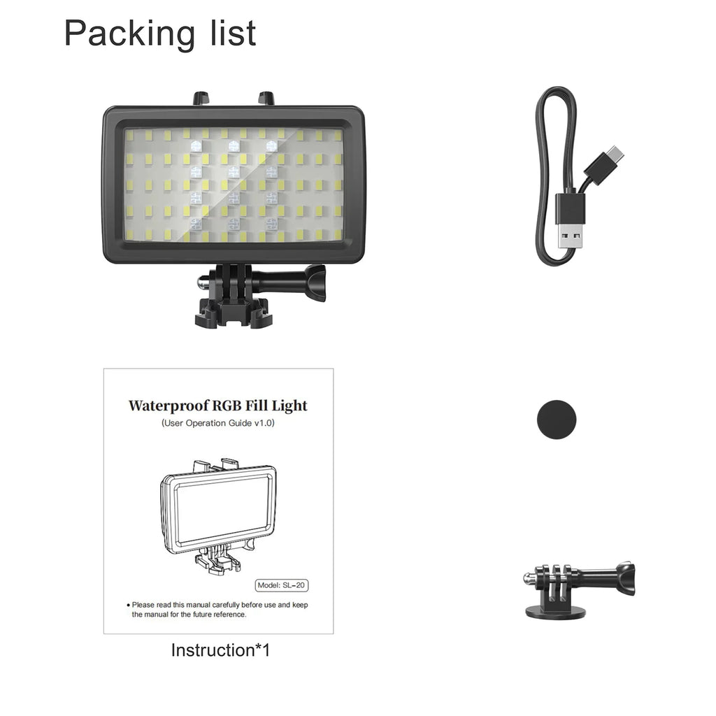 Andoer SL-20 Waterproof RGB Fill Video 8 Modes CRI95+ Dimmable IPX8 Underwater 40M Built-in Rechargeable Energy Source for Diving Snorkeling Underwater Photography Video Replacement for GoPro