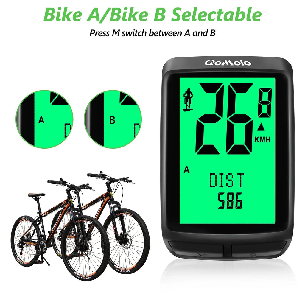 Wireless Bike Computer, Multi-Functional Bike Speedometer, IPX6 Waterproof Large Monitor Cycle Computer Automatic Wake-up LCD Backlight Display