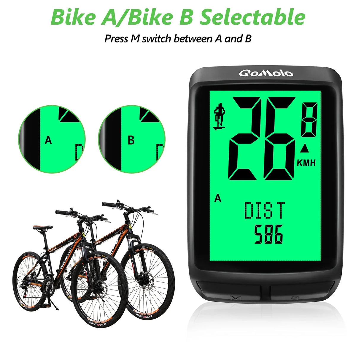 Wireless Bike Computer, Multi-Functional Bike Speedometer, IPX6 Waterproof Large Monitor Cycle Computer Automatic Wake-up LCD Backlight Display