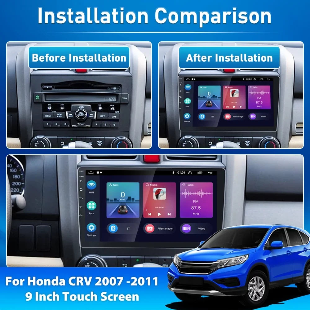 For Honda CRV 2007-2011 9'' Display Car Stereo Radio Player Wireless Carplay Android Auto Mirror Link HD 1080P Android 12 Bluetooth WIFI GPS FM USB Hifi, AHD Backup Camera