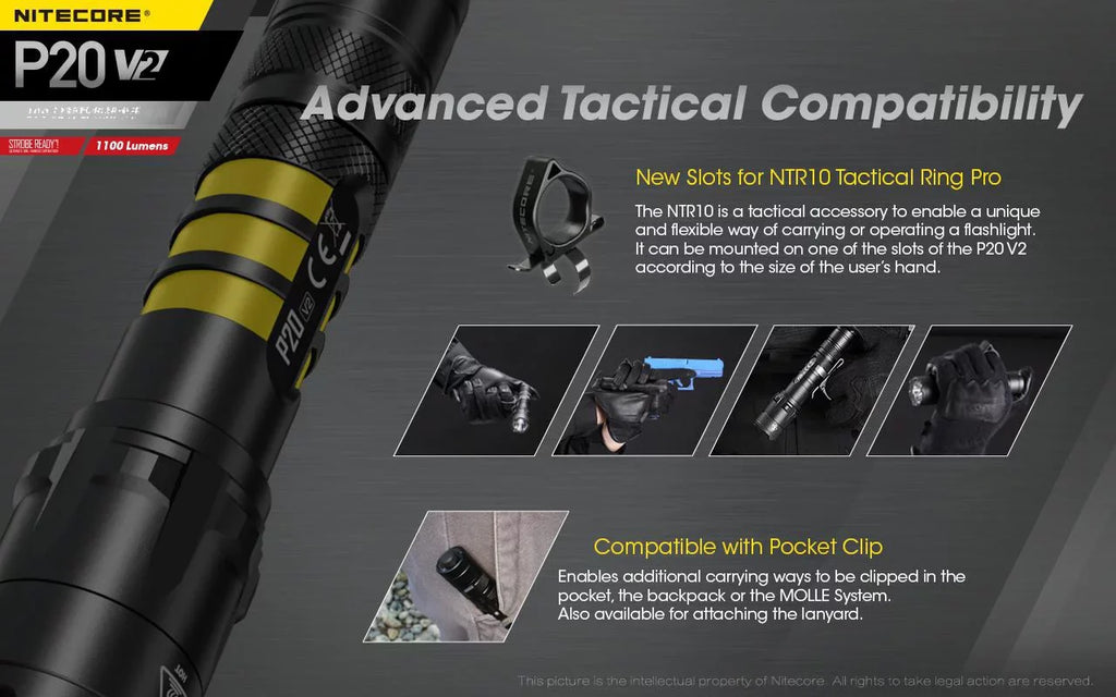 Combo: Heart P20 V2 Tactical LED Flashlight - CREE XP-L2 V6 - 1100 Lumens w/NL189 Cell UI1 Charger +Free Eco-Sensa USB Cord