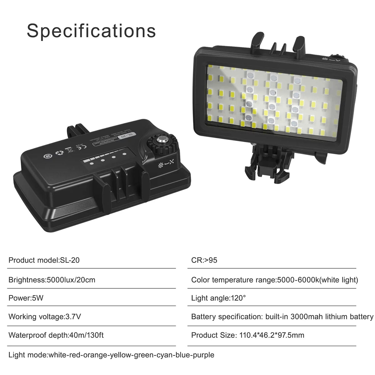 Andoer SL-20 Waterproof RGB Fill Video 8 Modes CRI95+ Dimmable IPX8 Underwater 40M Built-in Rechargeable Energy Source for Diving Snorkeling Underwater Photography Video Replacement for GoPro