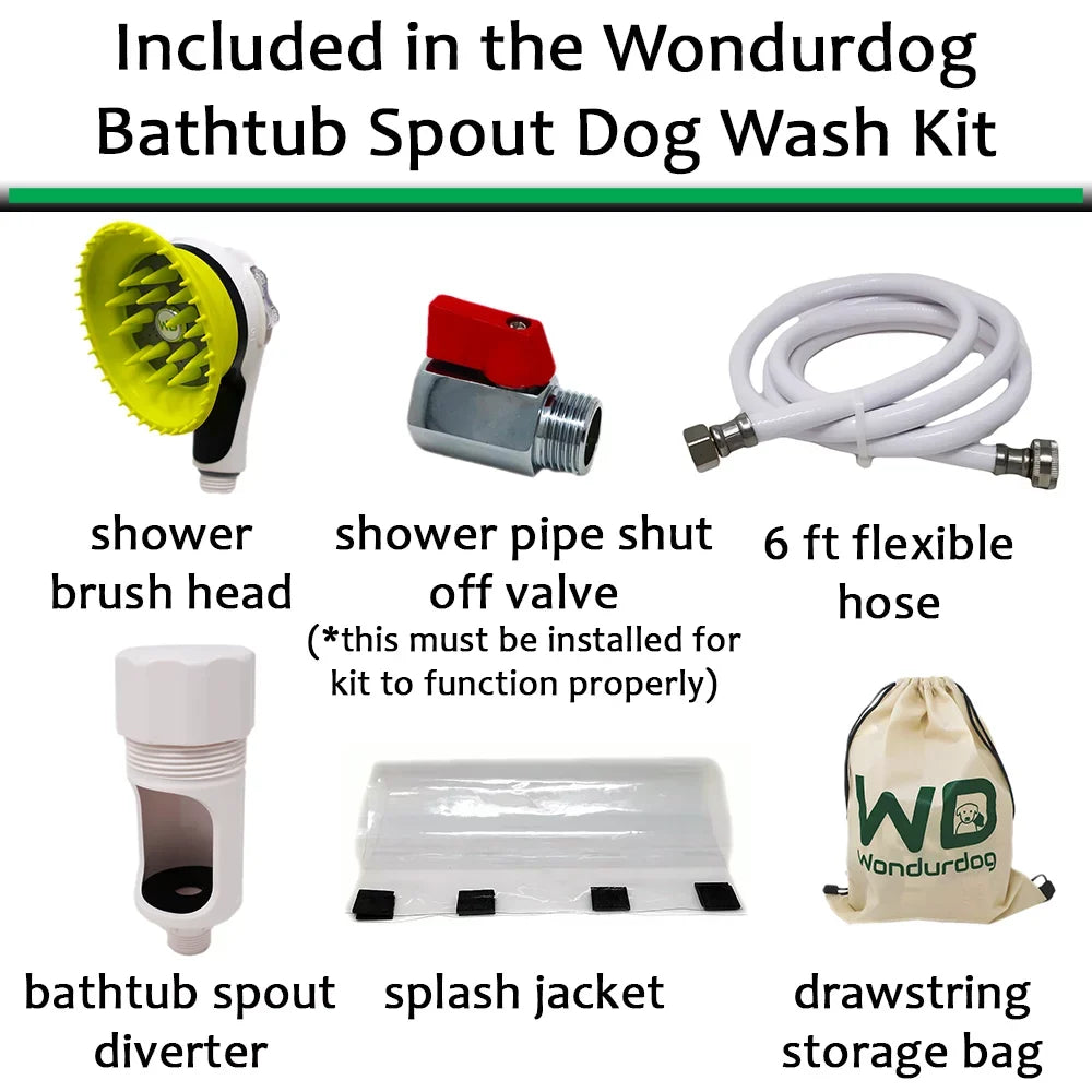 Wondurdog Bathtub Spout and Garden Hose Dog Wash Kit with Splash Shield and Rubber Scrubbing Teeth. For Bathtub Spouts with Front Pullup Lever Only.