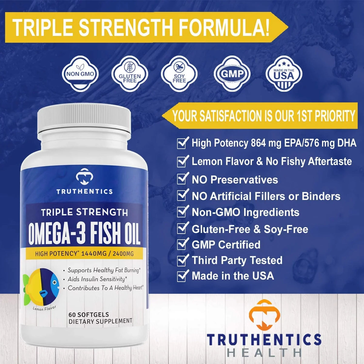 Truthentics Omega 3 Fish Oil 2400 mg (2 Pack) - 100% Pure Sea-Harvested Triple Strength Fish Oil - High EPA DHA Omega 3 Fatty Acids - Lemon Flavor - 120 Burpless Softgels