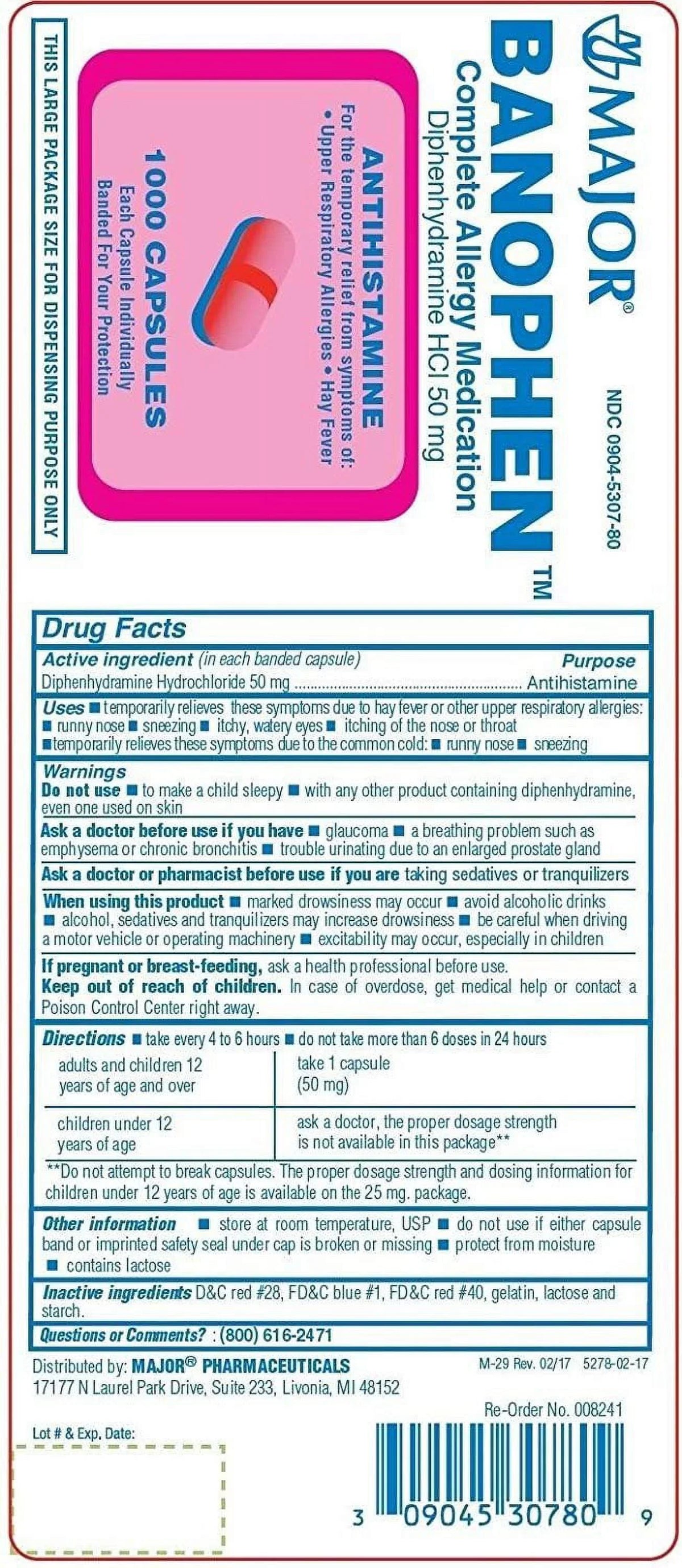 Major Banophen Memory Capsules, 50 mg, 1000 Count