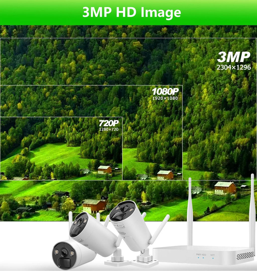 VIKVIZ 8CH WiFi CCTV System 4Pcs 3MP Power Unit Camera , 4 Solar Panels , 2.5inch HDD Wireless NVR