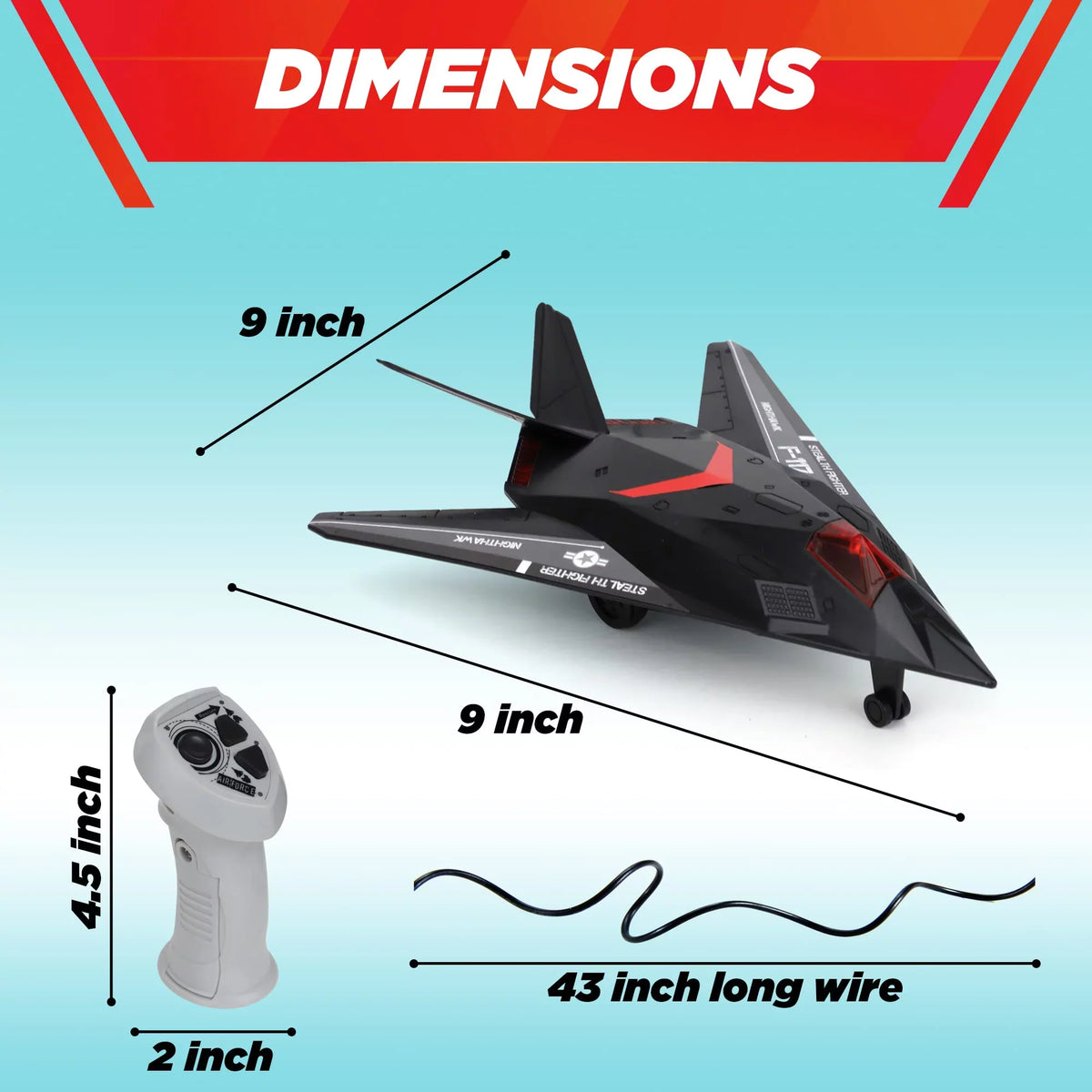 Playkidiz Wired Remote Control Plane, with Lights & Sounds Stealth Fighter Airplane Toy with 43" Wire, Ages 3+, Perfect for Toddlers