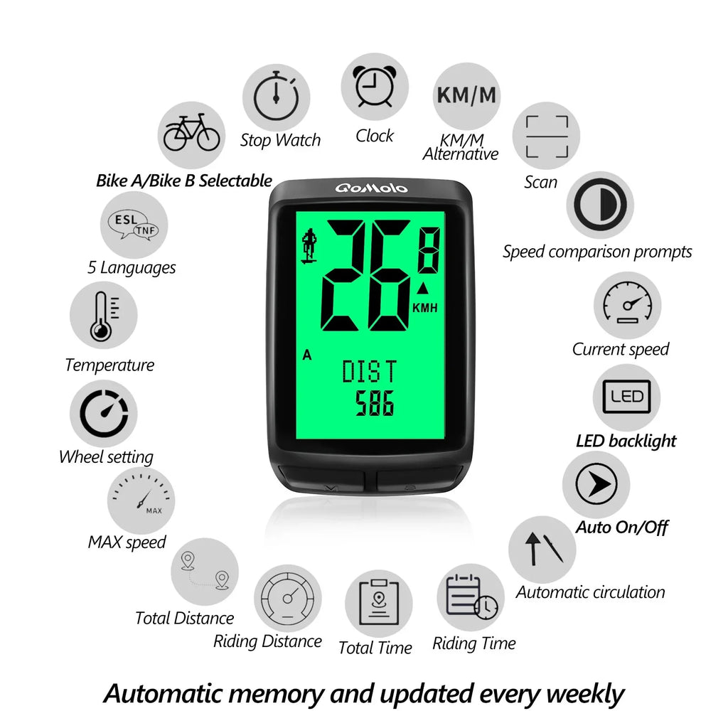 Wireless Bike Computer, Multi-Functional Bike Speedometer, IPX6 Waterproof Large Monitor Cycle Computer Automatic Wake-up LCD Backlight Display