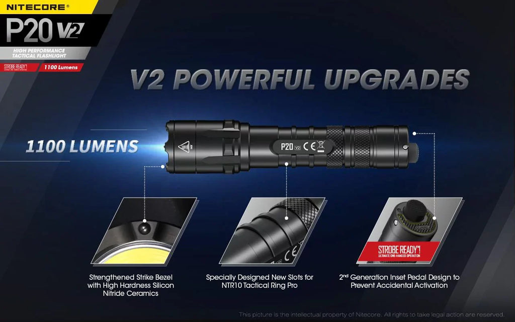 Combo: Heart P20 V2 Tactical LED Flashlight - CREE XP-L2 V6 - 1100 Lumens w/NL1834R Power Unit +Free Eco-Sensa USB Cord