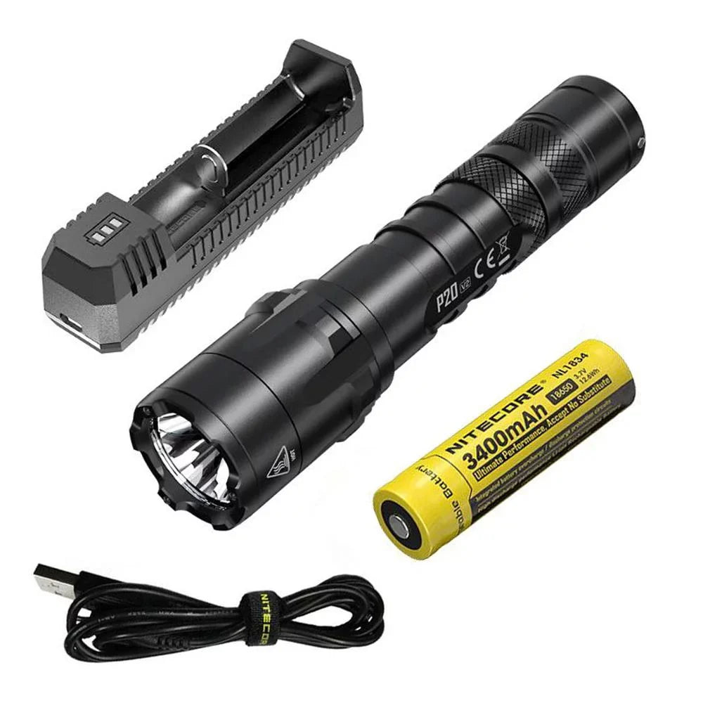 Combo: Heart P20 V2 Tactical LED Flashlight - CREE XP-L2 V6 - 1100 Lumens w/NL189 Cell UI1 Charger +Free Eco-Sensa USB Cord