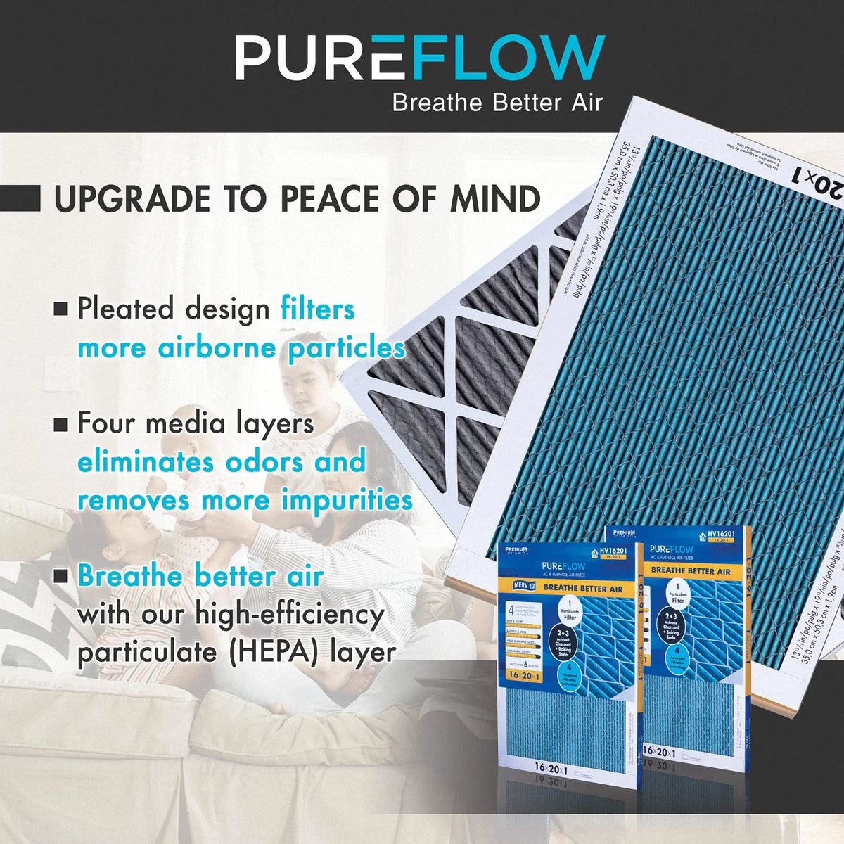 PureFlow, Home Furnace Air Filter 16x20x1, with 4 Layers of Advanced Filtration Technology, MERV-13 Pack-of-2