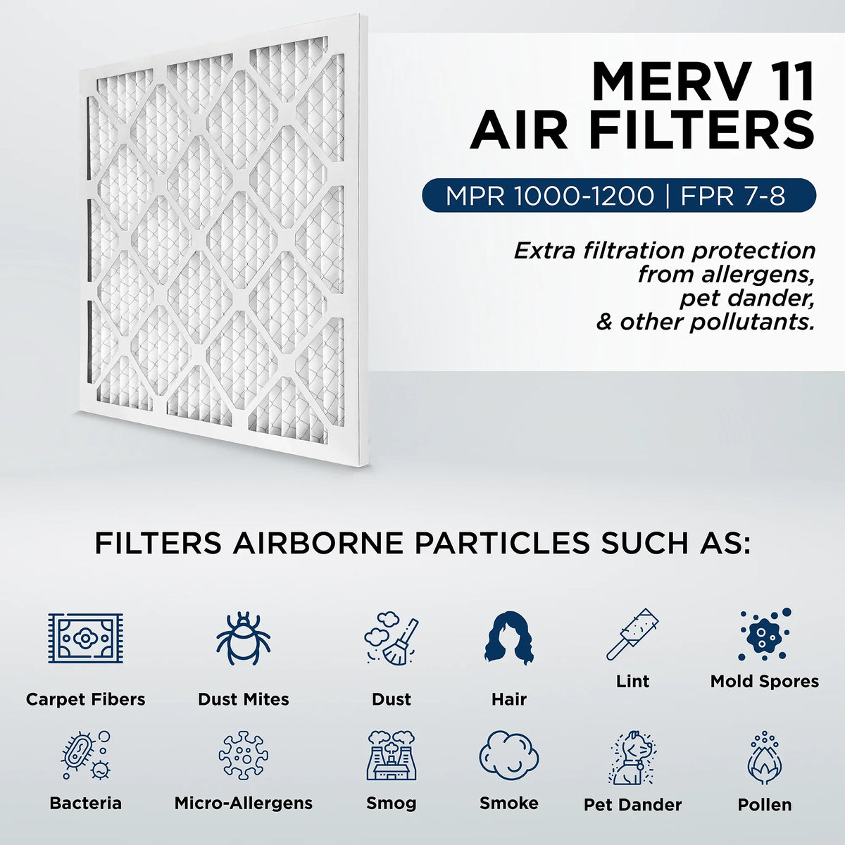 12x12x1 MERV 11, MPR 1000 Pleated AC Furnace 1" Air Filters by Pamlico. Quantity 6. Actual Size: 11-1/2 x 11-1/2 x 3/4