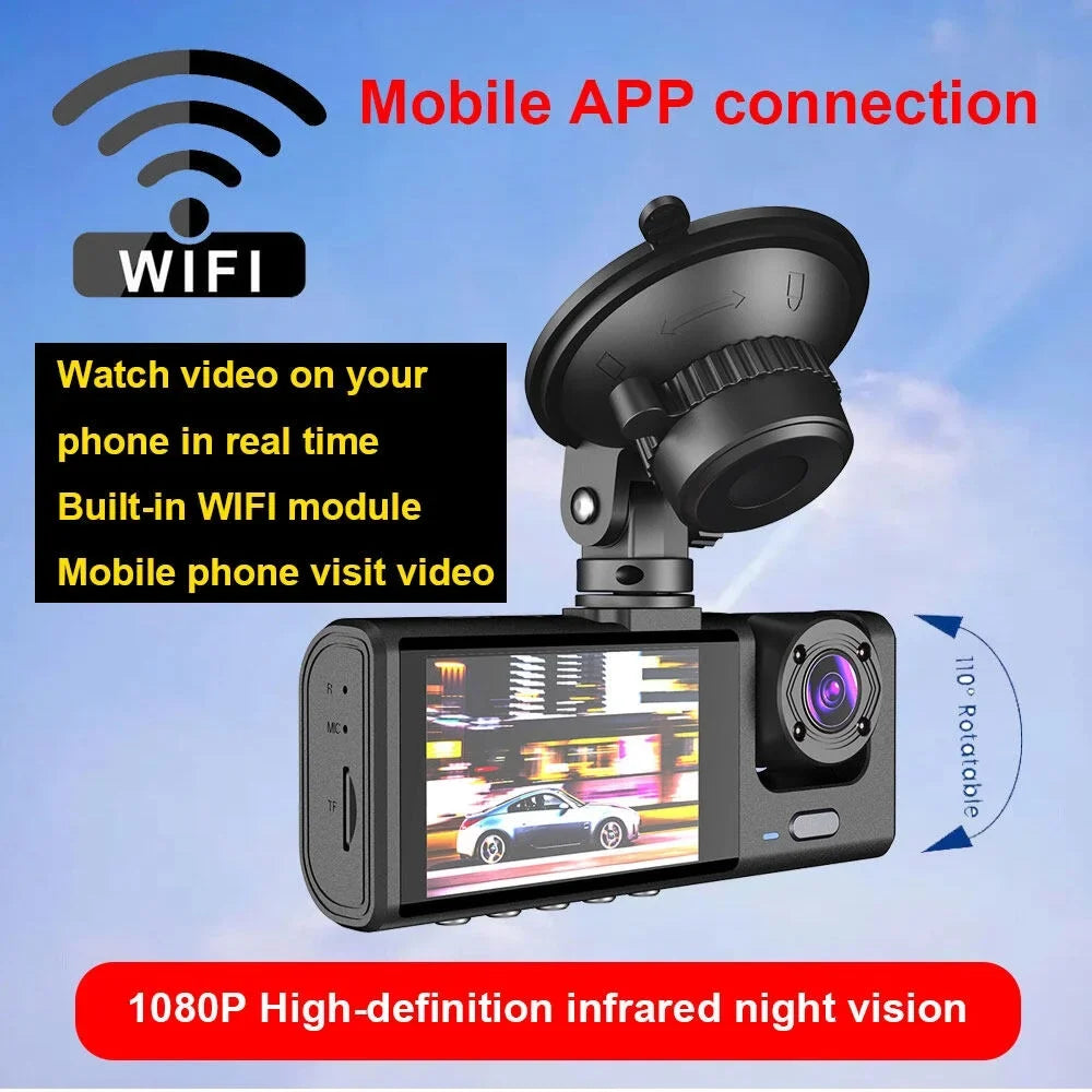 1080P DVR Dash Camera Front & Inside & Rear Camera Driving Recorder 2 Inch Display Dashcam Support Night-Vision Loop Recording One-Key Lock WiFi version