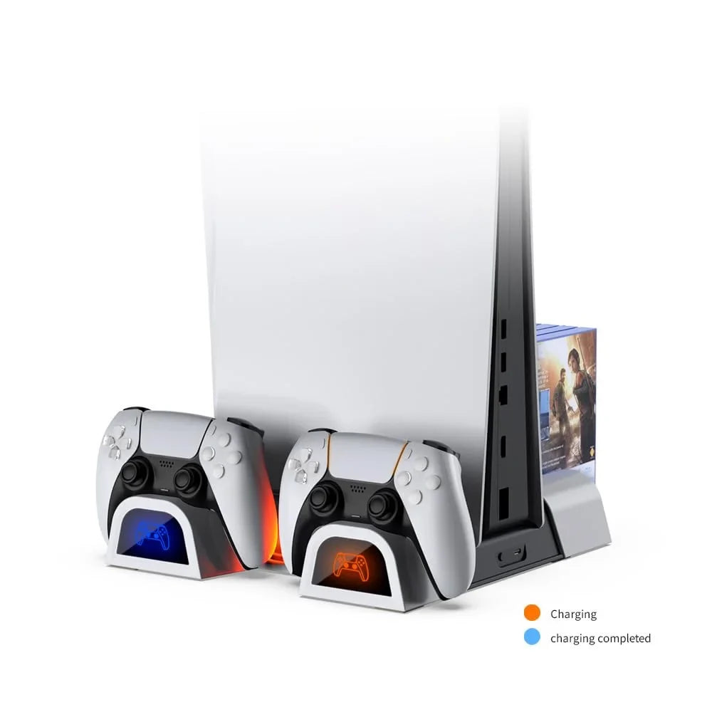 Cooling Stand Station with Charging Base for PS5 Slim Disc & Digital Version with 3-Level Cooling Fan, 10 Game Discs Slot & Media Remote Storage Slot-White Black