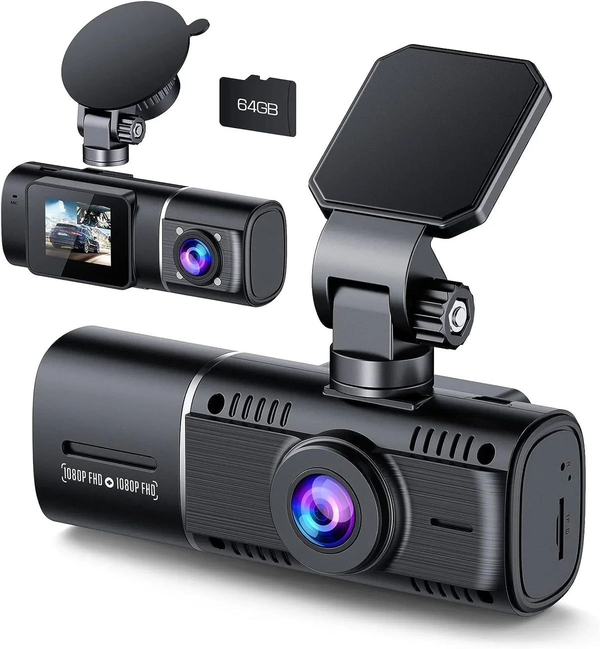 TOGUARD Dash Cam Front and Inside 1080P Dash Camera for Cars IR Night Vision Car Camera for Taxi Accident Lock Parking Monitor 2 Mounting Options 64GB SD Card