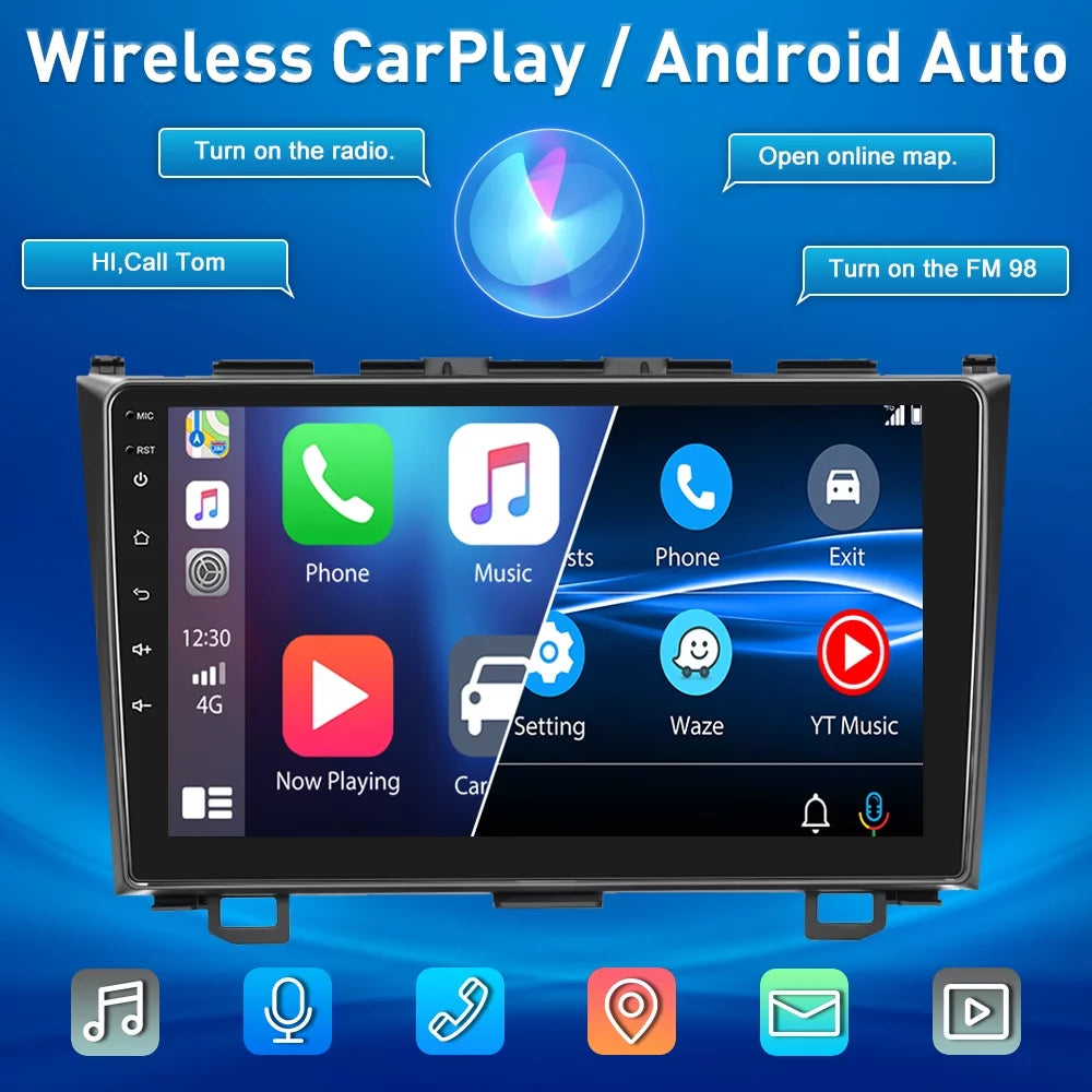 For Honda CRV 2007-2011 9'' Display Car Stereo Radio Player Wireless Carplay Android Auto Mirror Link HD 1080P Android 12 Bluetooth WIFI GPS FM USB Hifi, AHD Backup Camera